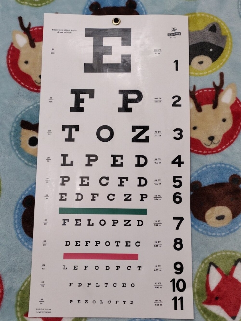 Snellen Eye Chart Wall Chart with Black, Blue, Red & Green Letters like new